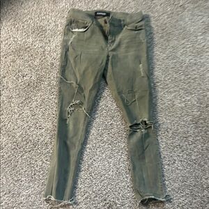 Express Olive Distressed Skinny Jeans